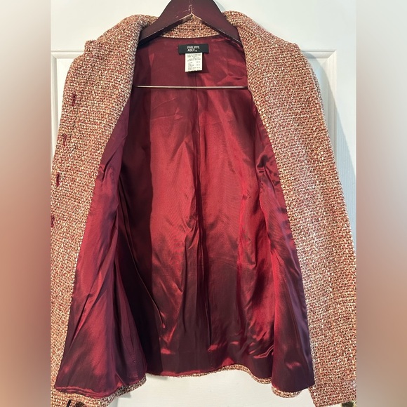 PHILIPPE ADEC 4 38 Vntg Y2K 90’s Wool Blend Tweed Jacket Wine Blazer Ribbon Belt - Picture 14 of 14